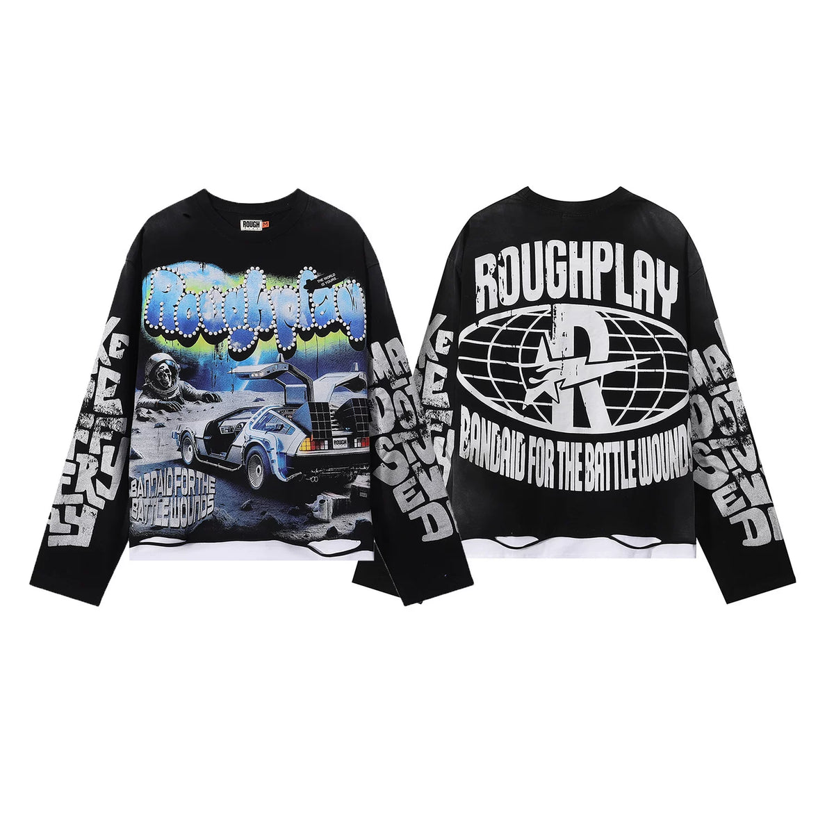 Roughplay Moon Scene Retro Time Machine Car Vintage Distressed Long Sleeve T‑Shirt