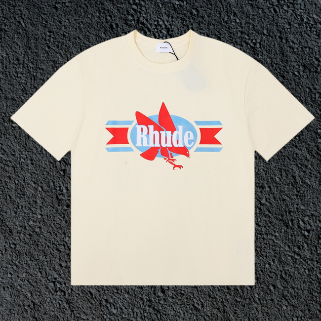 Rhude Red Maple Leaf Retro Ribbon Badge Cream Oversized T‑Shirt Hover Image