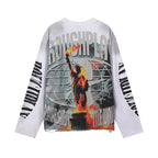 Roughplay Statue Of Liberty Sunset Rhinestone‑Style Vintage Distressed Long Sleeve T‑Shirt