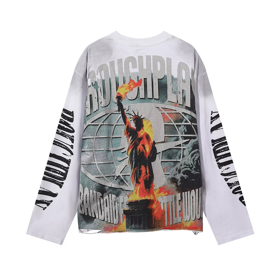 Roughplay Statue Of Liberty Sunset Rhinestone‑Style Vintage Distressed Long Sleeve T‑Shirt