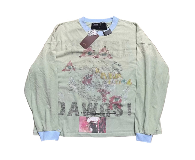 Paly Hollywood Light‑Blue‑Ringer Long‑Sleeve Boxy Oversized Streetwear Top Hover Image