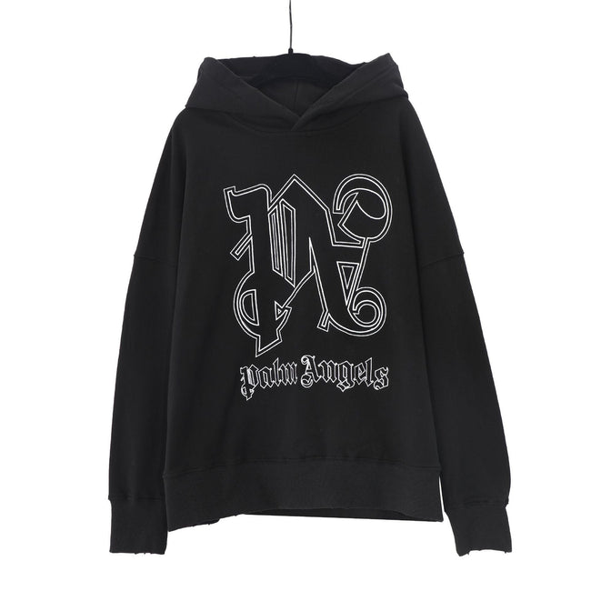 Palm Angels Gothic Letter Monogram Hoodie - Black/White Hover Image