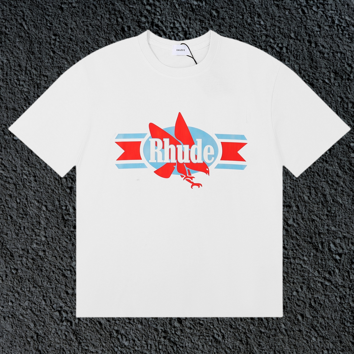 Rhude Red Maple Leaf Retro Ribbon Badge White Oversized T‑Shirt