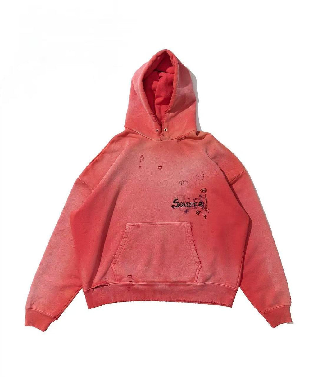 Play Hollywood Vintage‑Wash Red Pullover Oversized Hoodie