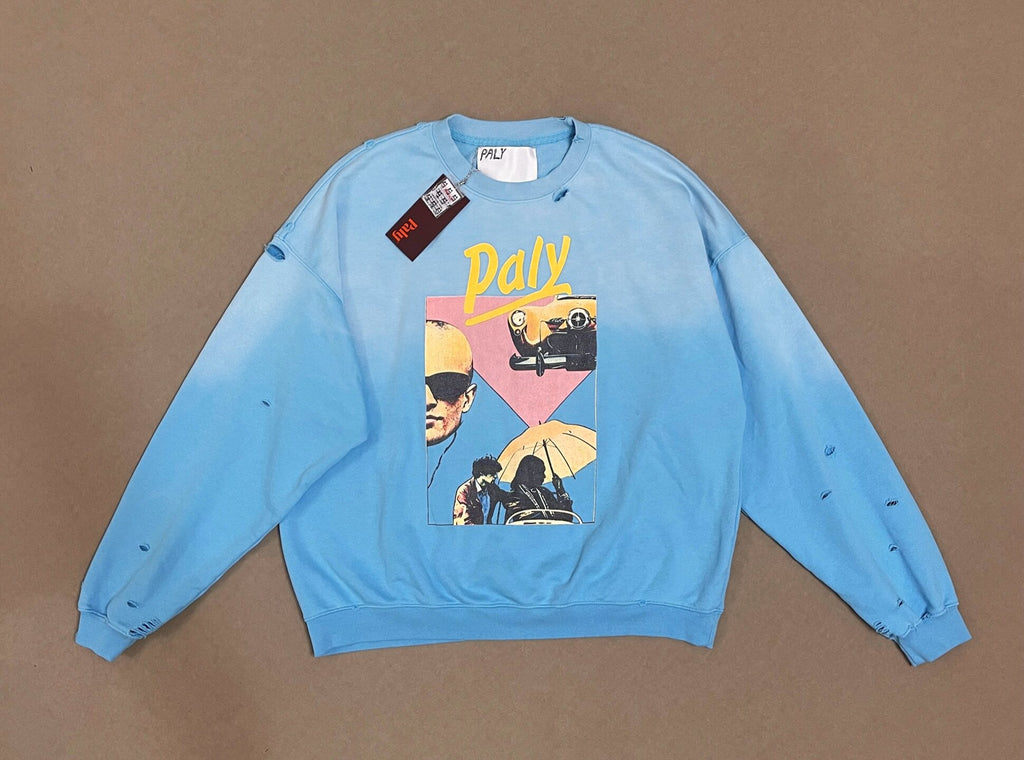 Play Hollywood Vintage‑Wash Gradient Blue Cropped Crewneck Sweatshirt