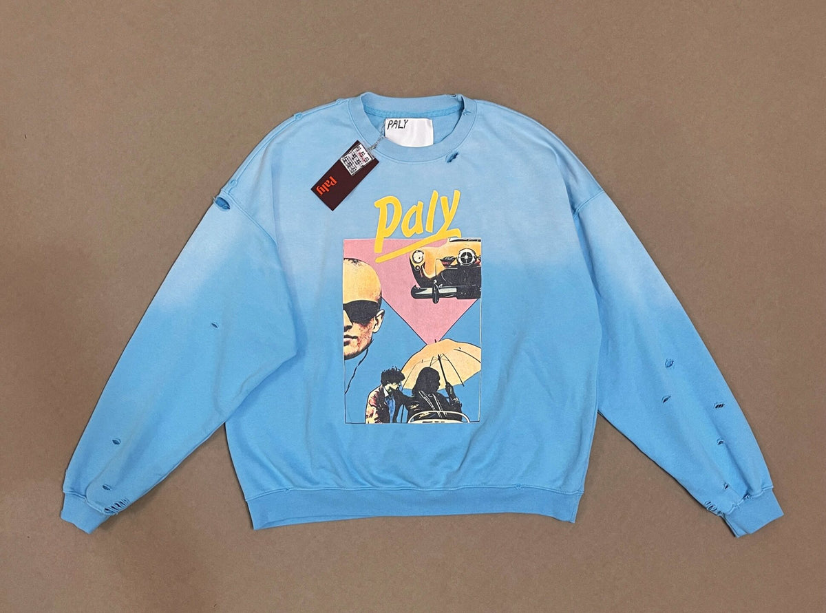 Play Hollywood Vintage‑Wash Gradient Blue Cropped Crewneck Sweatshirt