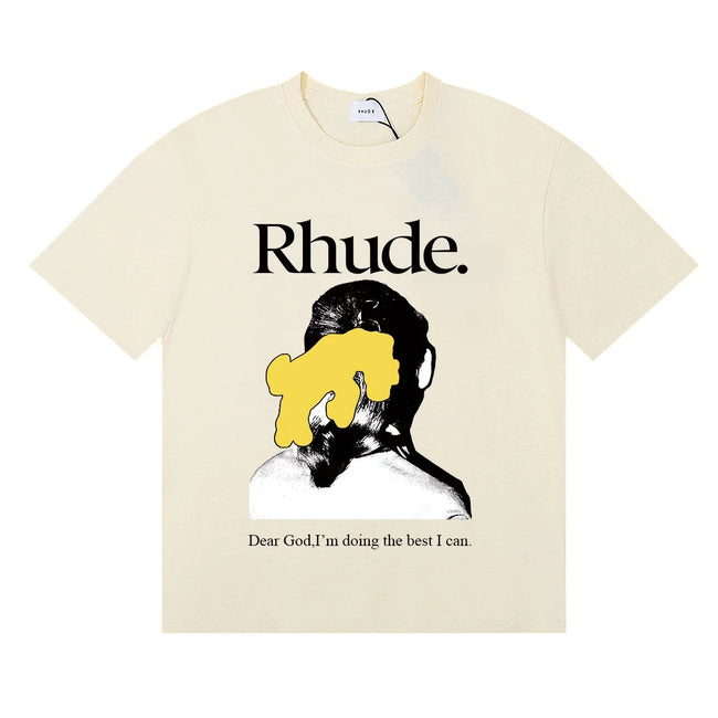 Rhude Dear God Portrait Text Quote Cream Oversized T‑Shirt Hover Image