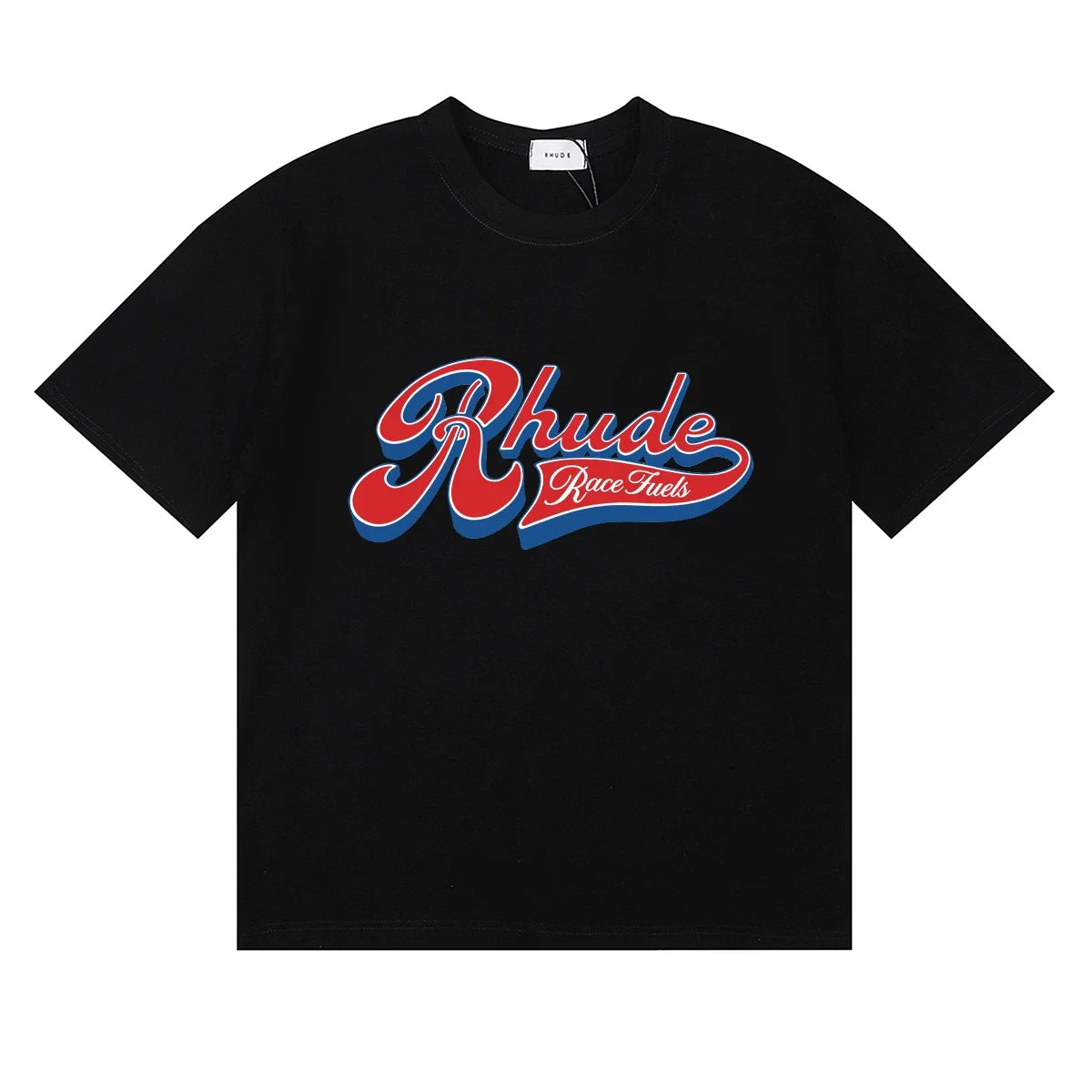 Rhude Retro Script Race Trust Logo Black Oversized T‑Shirt