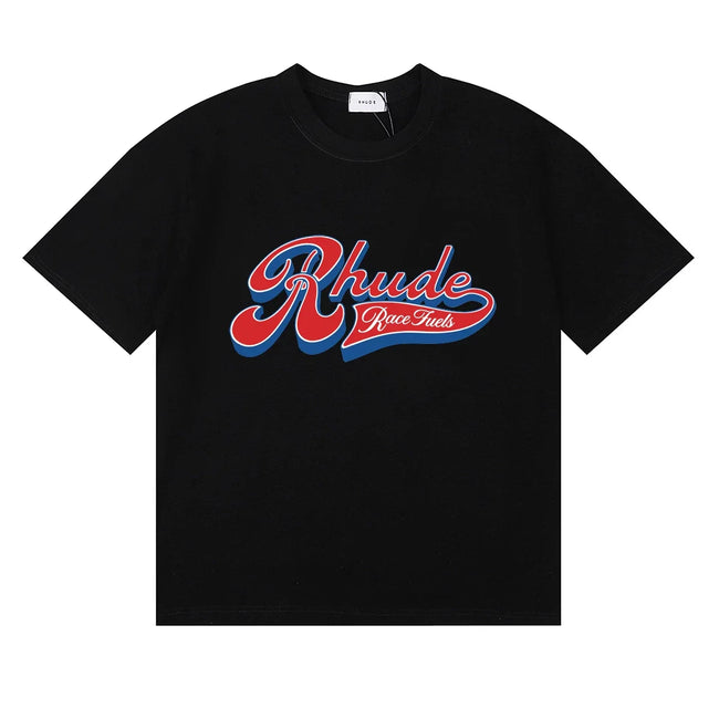 Rhude Retro Script Race Trust Logo Black Oversized T‑Shirt Hover Image