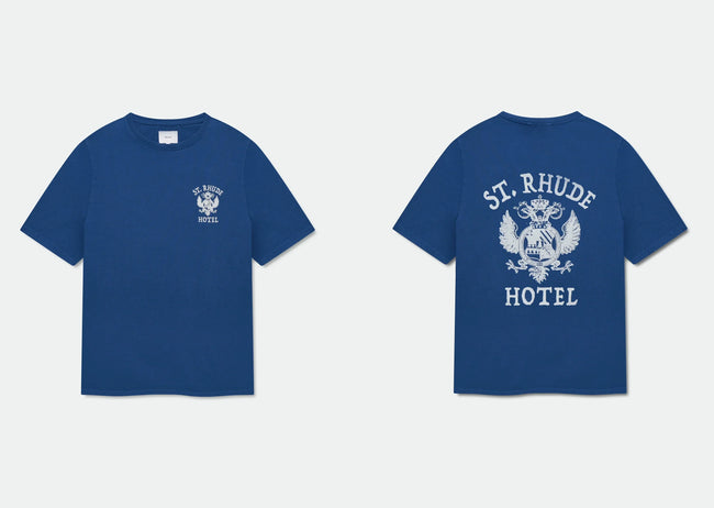 **Rhude St.Rhude Hotel Eagle Crest Dual‑Sided Oversized T‑Shirt Blue Hover Image