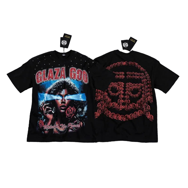 Glazagod Flowers - Heavyweight Terry Oversized Tee- Black