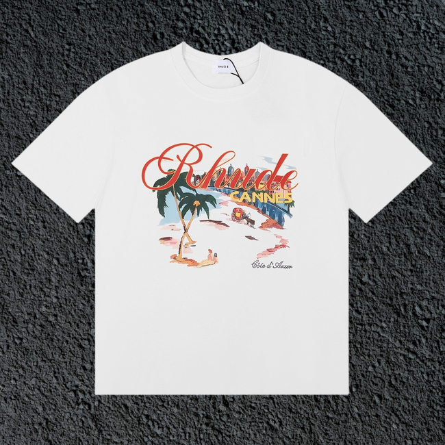Rhude Cannes Tropical Beach Scene Script White Oversized T‑Shirt Hover Image