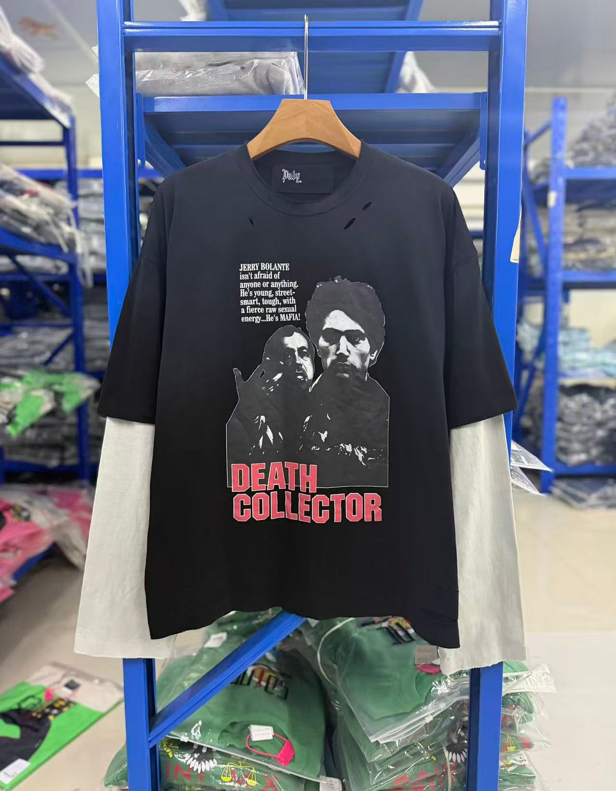 Play Hollywood Vintage‑Wash Black Fake Two‑Piece Long Sleeve T‑Shirt