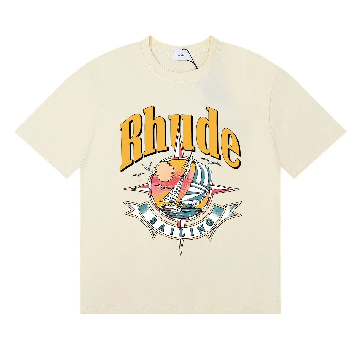 Rhude Sailing Compass Sailboat Vintage Graphic Cream Oversized T‑Shirt