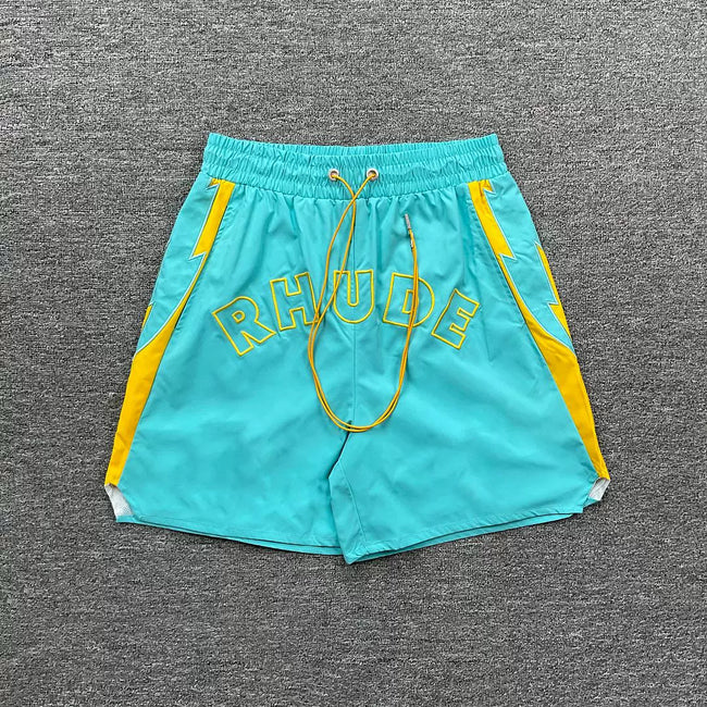 Rhude Cyan Yellow Contrast Nylon Shorts Hover Image