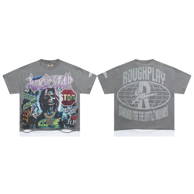 Roughplay Grey Washed Ripped Hem Boxy Cropped T‑Shirt Hover Image