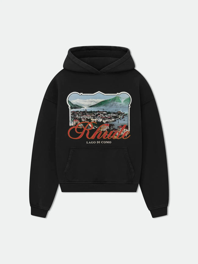 RHUDE Coastal Town Postcard Graphic Hoodie Black Hover Image