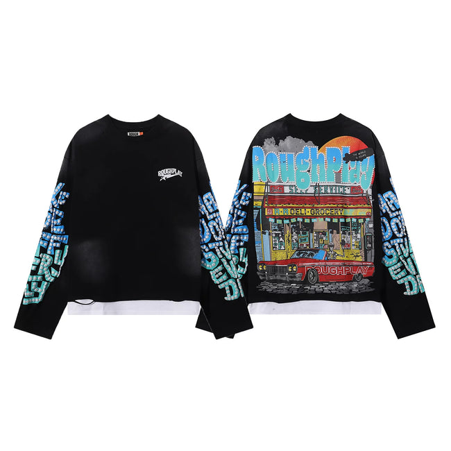 Roughplay Retro Grocery Store Classic Car Vintage Distressed Long Sleeve T‑Shirt Hover Image