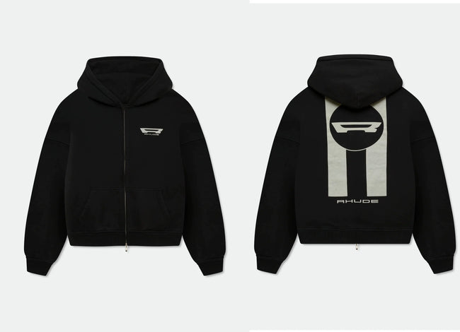 RHUDE Racing R Logo Full‑Zip Hoodie Black Hover Image