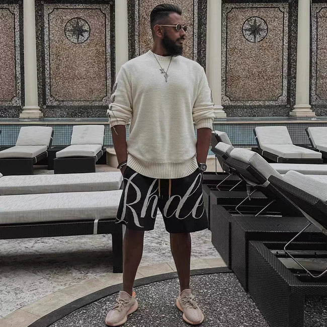 RHUDE niche American high street fashion brand summer letter big logo jacquard loose knitted yarn five quarter shorts Main Image