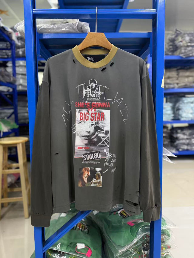Play Hollywood Vintage‑Wash Grey Multi‑Ripped Long Sleeve T‑Shirt Hover Image