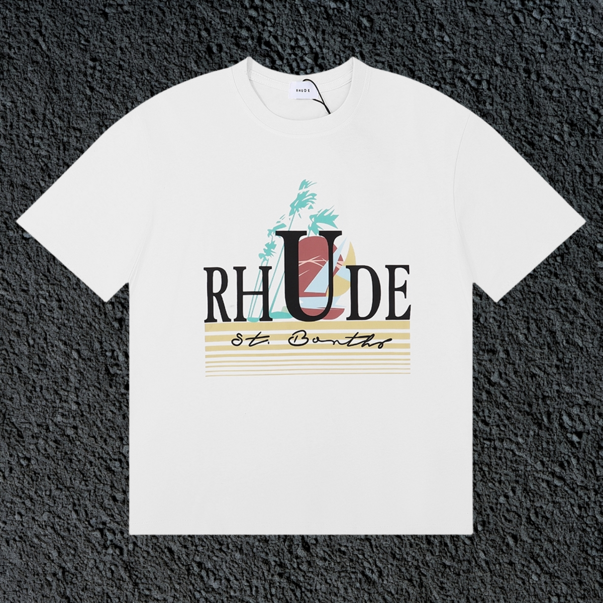 Rhude St Barts Palm Retro Striped Logo White Oversized T‑Shirt