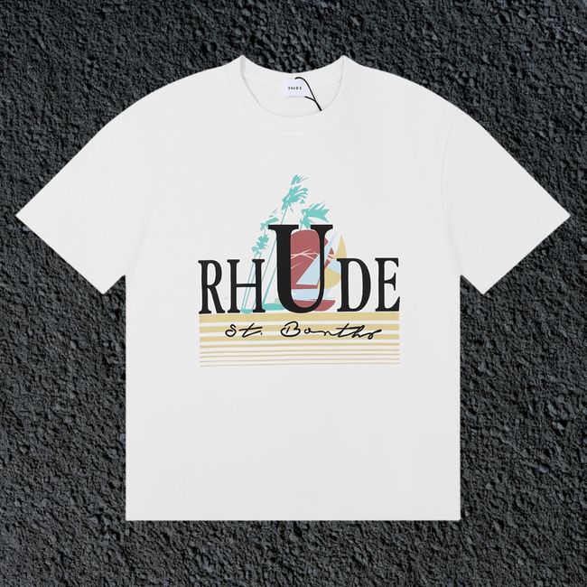 Rhude St Barts Palm Retro Striped Logo White Oversized T‑Shirt Hover Image