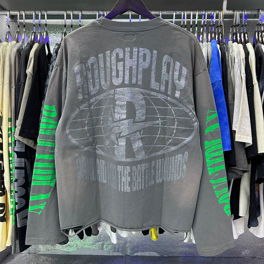 Roughplay Hip‑Hop Skeleton City Skyline Vintage Distressed Long Sleeve T‑Shirt