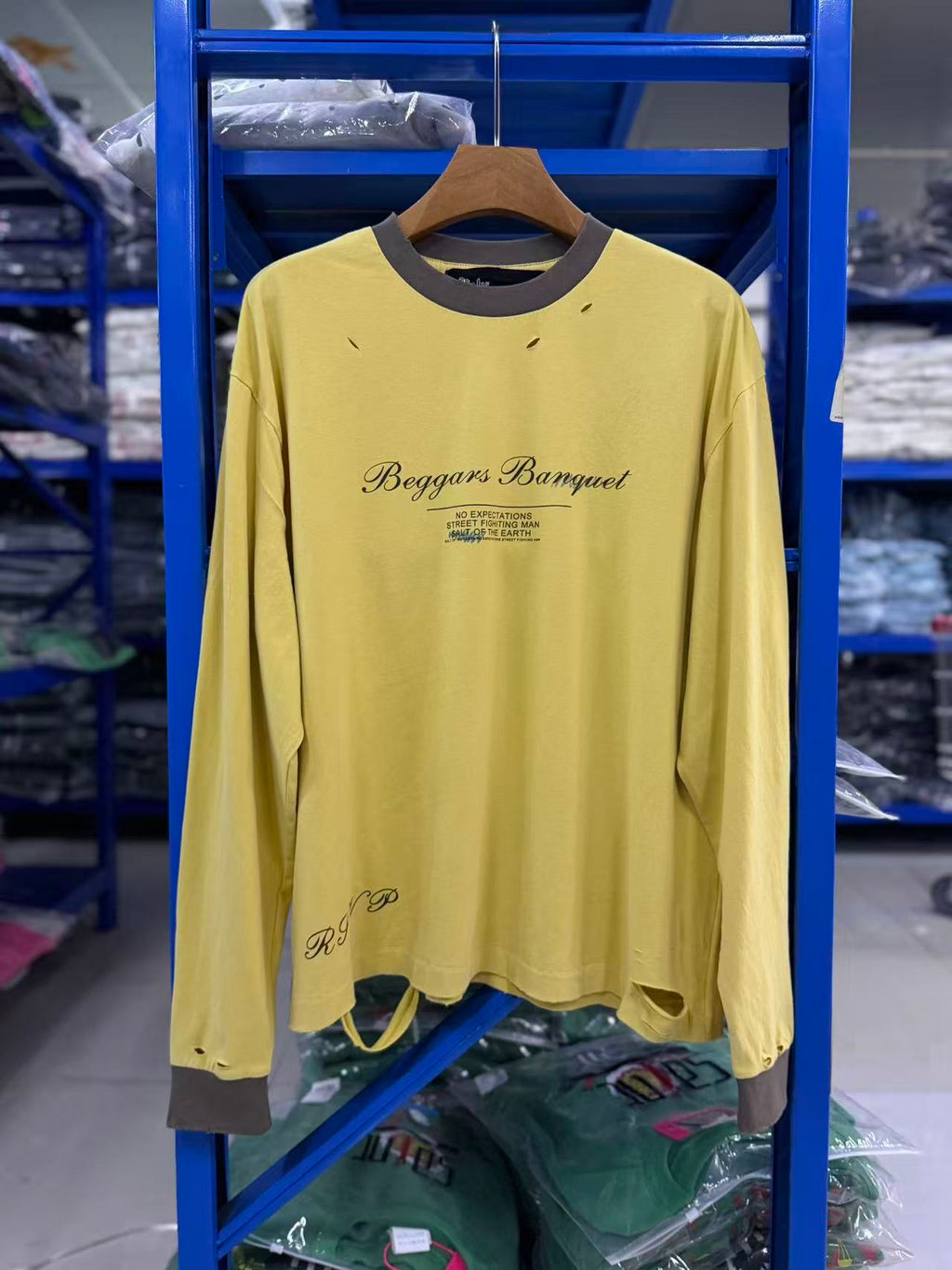 Play Hollywood Vintage‑Wash Yellow Multi‑Ripped Long Sleeve T‑Shirt