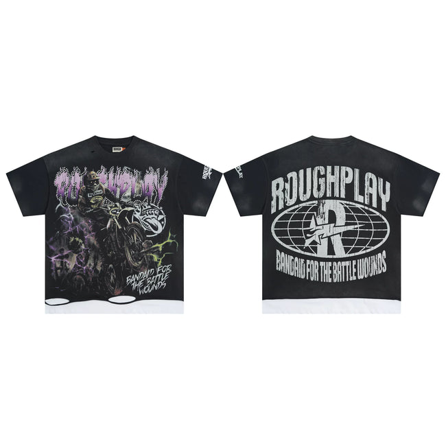 Roughplay Black Washed Ripped Hem Boxy Cropped T‑Shirt Hover Image