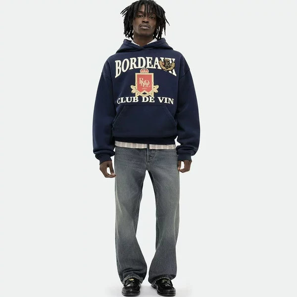 Rhude Bordeaux Club Wine Crest Graphic Oversized Hoodie Navy Main Image