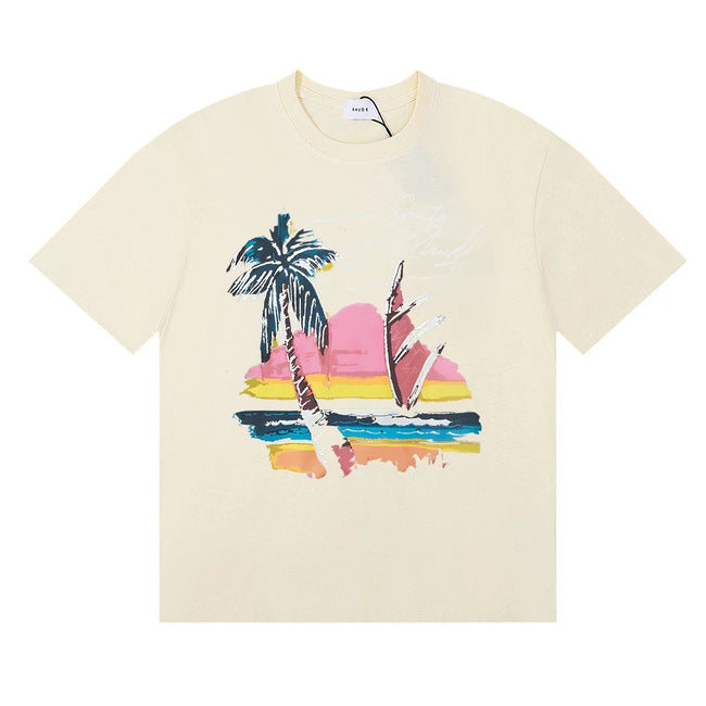Rhude Sunset Beach Palm Sailboat Coastal Vintage Cream Oversized T‑Shirt Hover Image