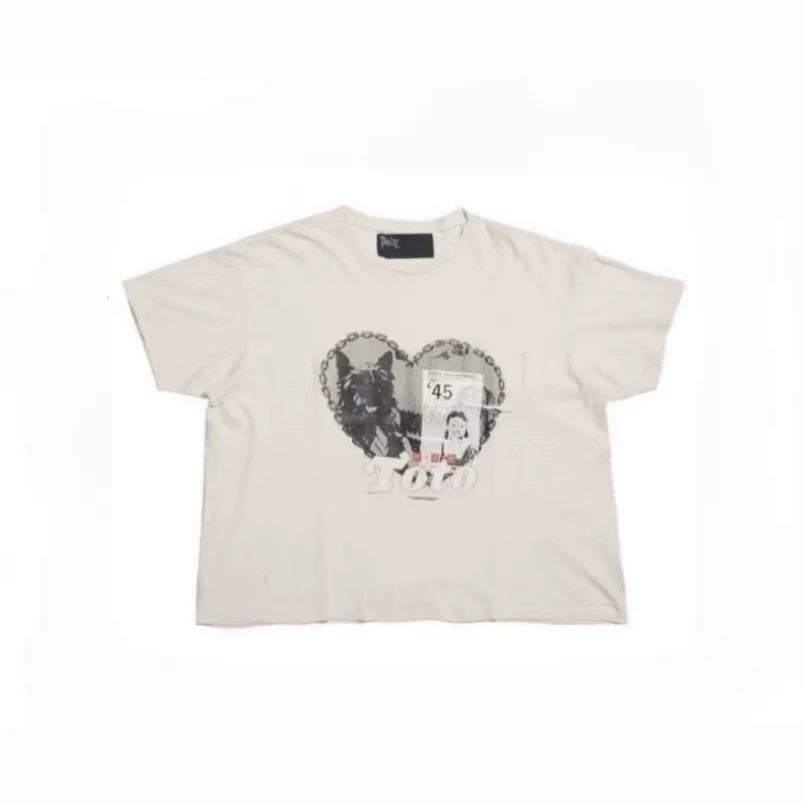 Play Hollywood Chain‑Border Heart Dog‑Portrait Collage Cropped Boxy Short‑Sleeve Tee