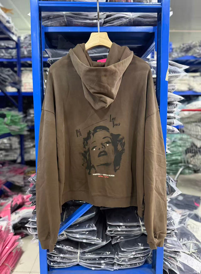 Play Hollywood Vintage‑Wash  Brown Cropped Pullover Oversized Hoodie Main Image
