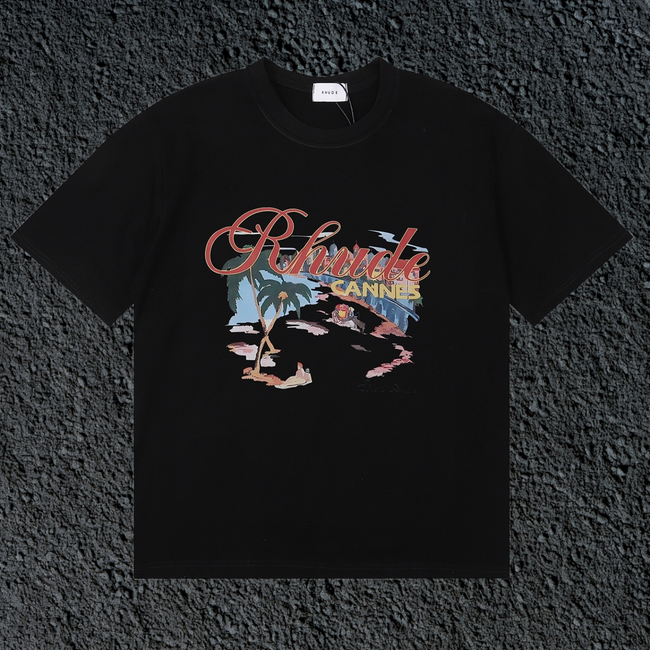Rhude Cannes Tropical Beach Scene Script Black Oversized T‑Shirt Hover Image