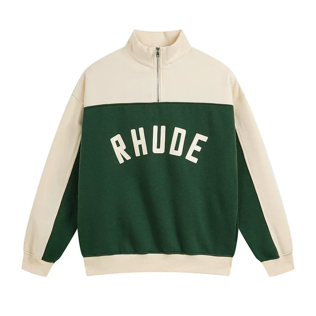 Rhude Color Block Quarter Zip Arch Logo Sweatshirt Forest Green Hover Image