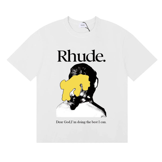 Rhude Dear God Portrait Text Quote White Oversized T‑Shirt Hover Image