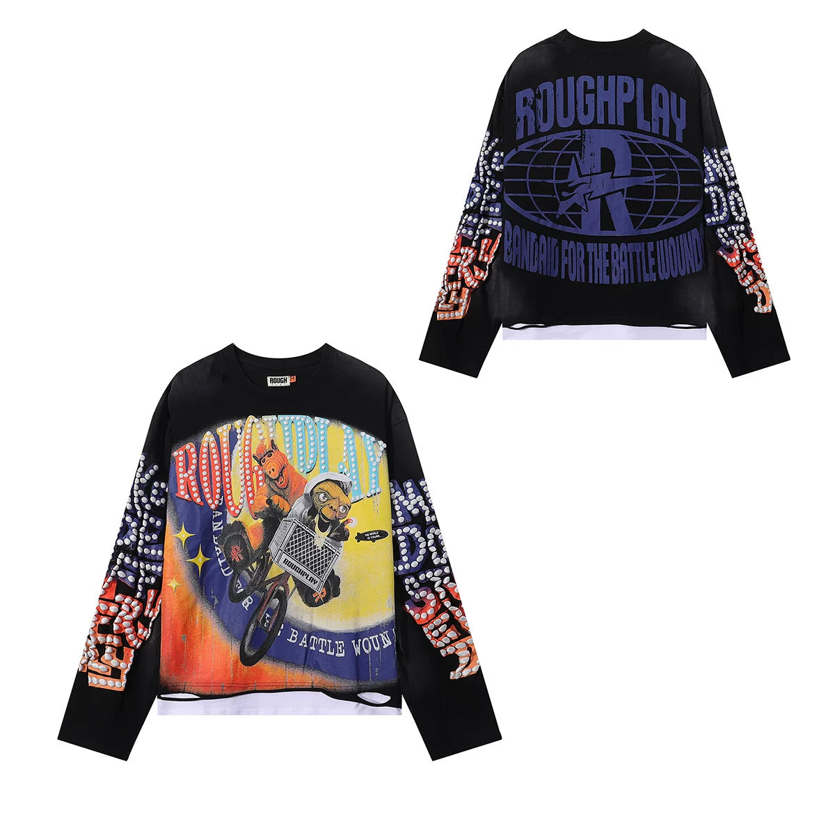 Roughplay BMX Cartoon Character Vintage Distressed Long Sleeve T‑Shirt