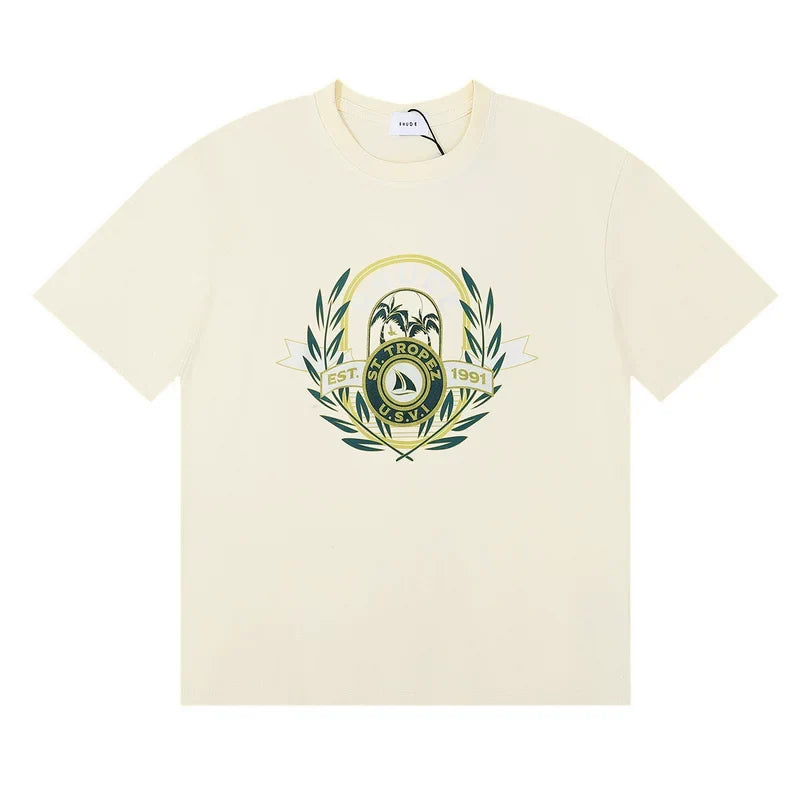 Rhude Laurel Crest Badge Graphic Oversized Tee Cream