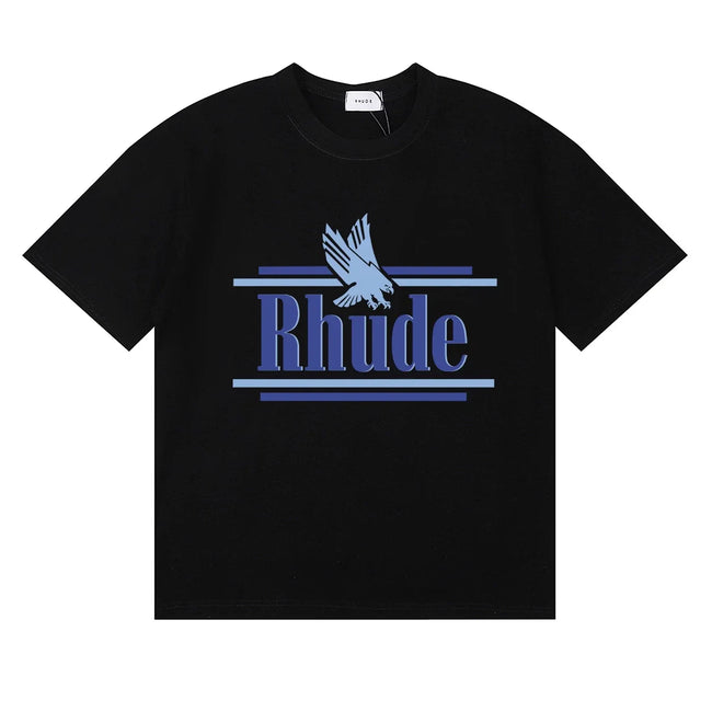 Rhude Eagle Graphic Blue Logo Black Oversized T‑Shirt Hover Image