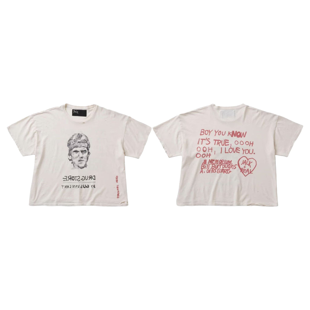 Play Hollywood Vintage Poem Portrait Graphic Cropped Boxy Short‑Sleeve Tee Off‑White