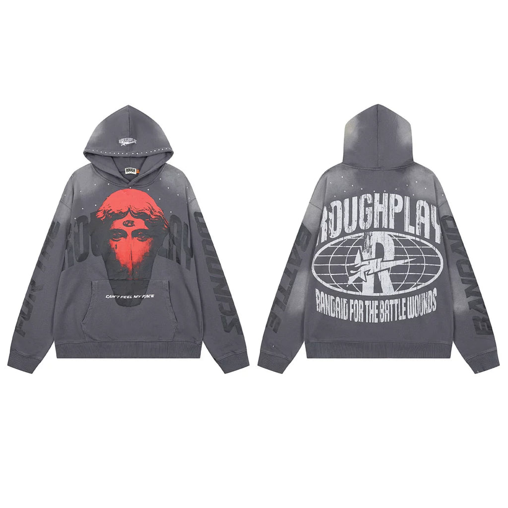Roughplay Red Third‑Eye Statue Can’t Feel My Face Vintage Acid Wash Hoodie