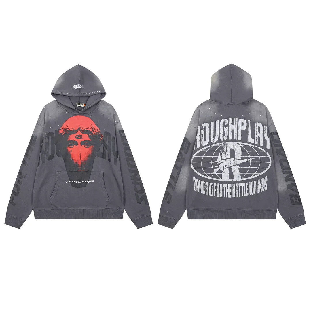 Roughplay Red Third‑Eye Statue Can’t Feel My Face Vintage Acid Wash Hoodie