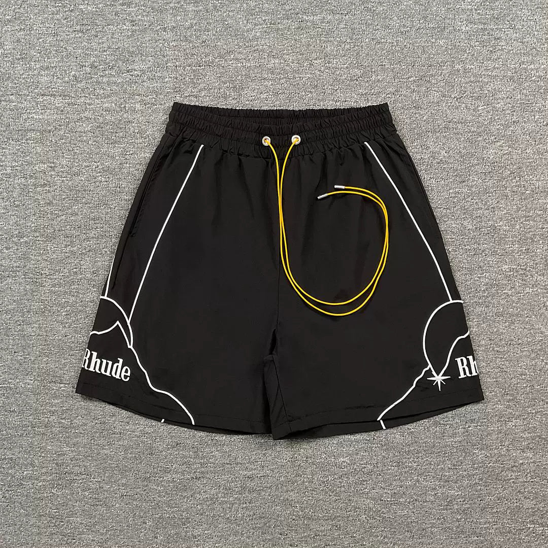 Rhude Outline Print Black Nylon Shorts