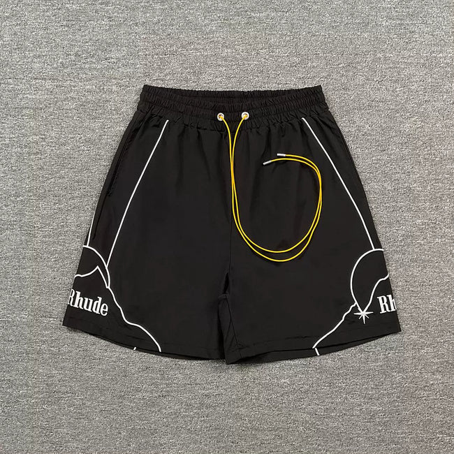 Rhude Outline Print Black Nylon Shorts Hover Image