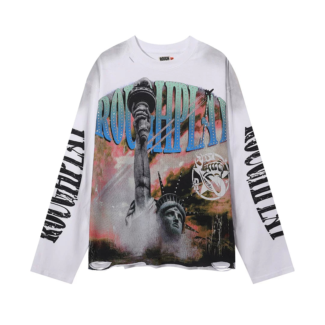 Roughplay Statue Of Liberty Sunset Rhinestone‑Style Vintage Distressed Long Sleeve T‑Shirt