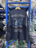 West Coast Choppers Flame‑Cross Sleeve‑Script Print Vintage Wash Long‑Sleeve Tee Navy