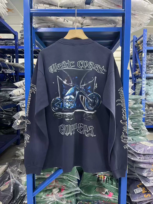 West Coast Choppers Flame‑Cross Sleeve‑Script Print Vintage Wash Long‑Sleeve Tee Navy Main Image