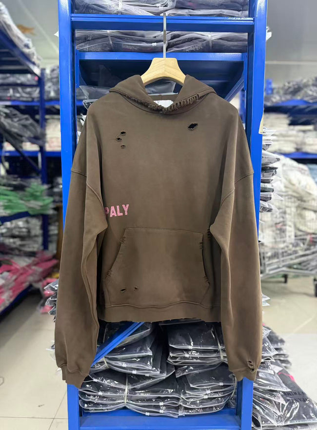 Play Hollywood Vintage‑Wash Brown Cropped Oversized Hoodie Hover Image