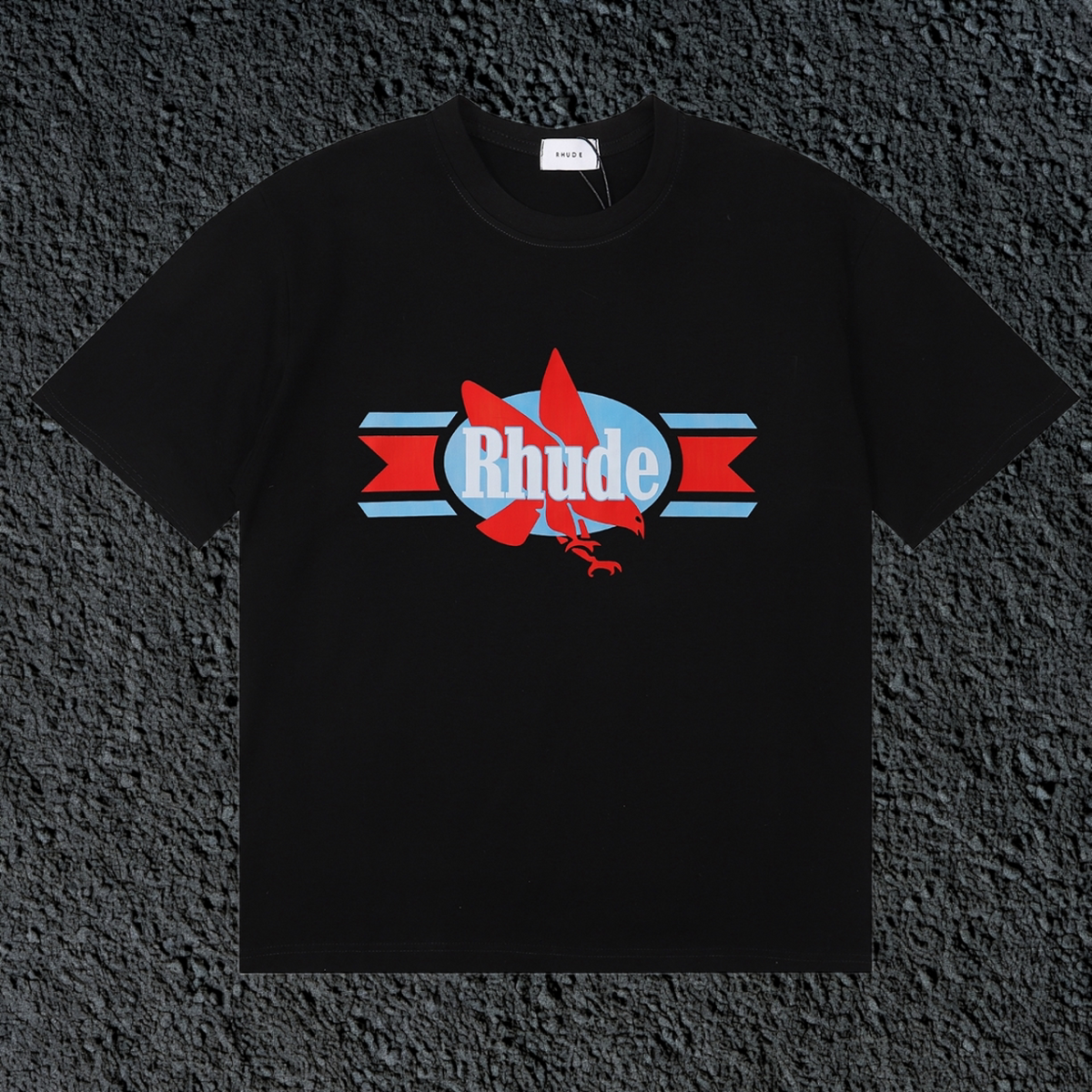 Rhude Red Maple Leaf Retro Ribbon Badge Black Oversized T‑Shirt